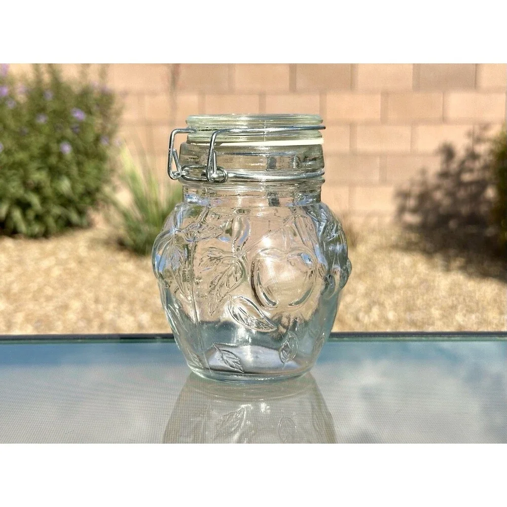 Embossed Vintage Glass Jar With Locking Lid Mason Style Jar, Canning Fruit Motif